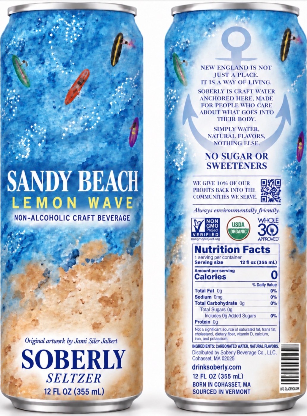 Sandy Beach Lemon Wave, Soberly Seltzer, front and back, original watercolor artwork by Jami Siler Jalbert