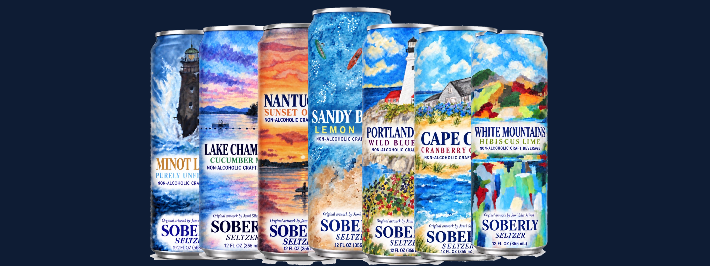 Soberly Seltzer full lineup: seven cans featuring original watercolor artwork by Jami Siler Jalbert